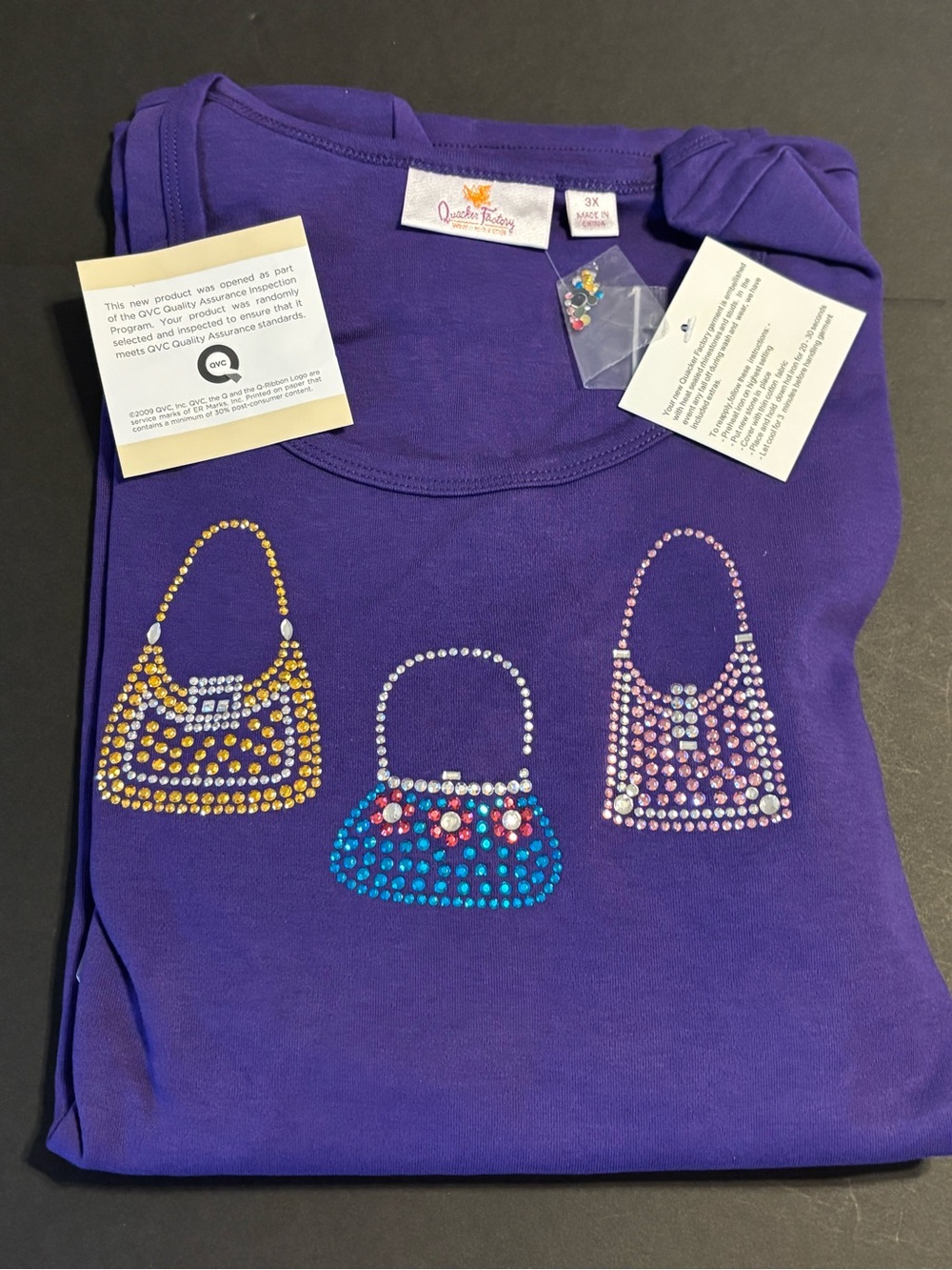Quacker Factory 3X Purple Long Sleeve Top Rhinestone Purses Handbags NIB QVC
